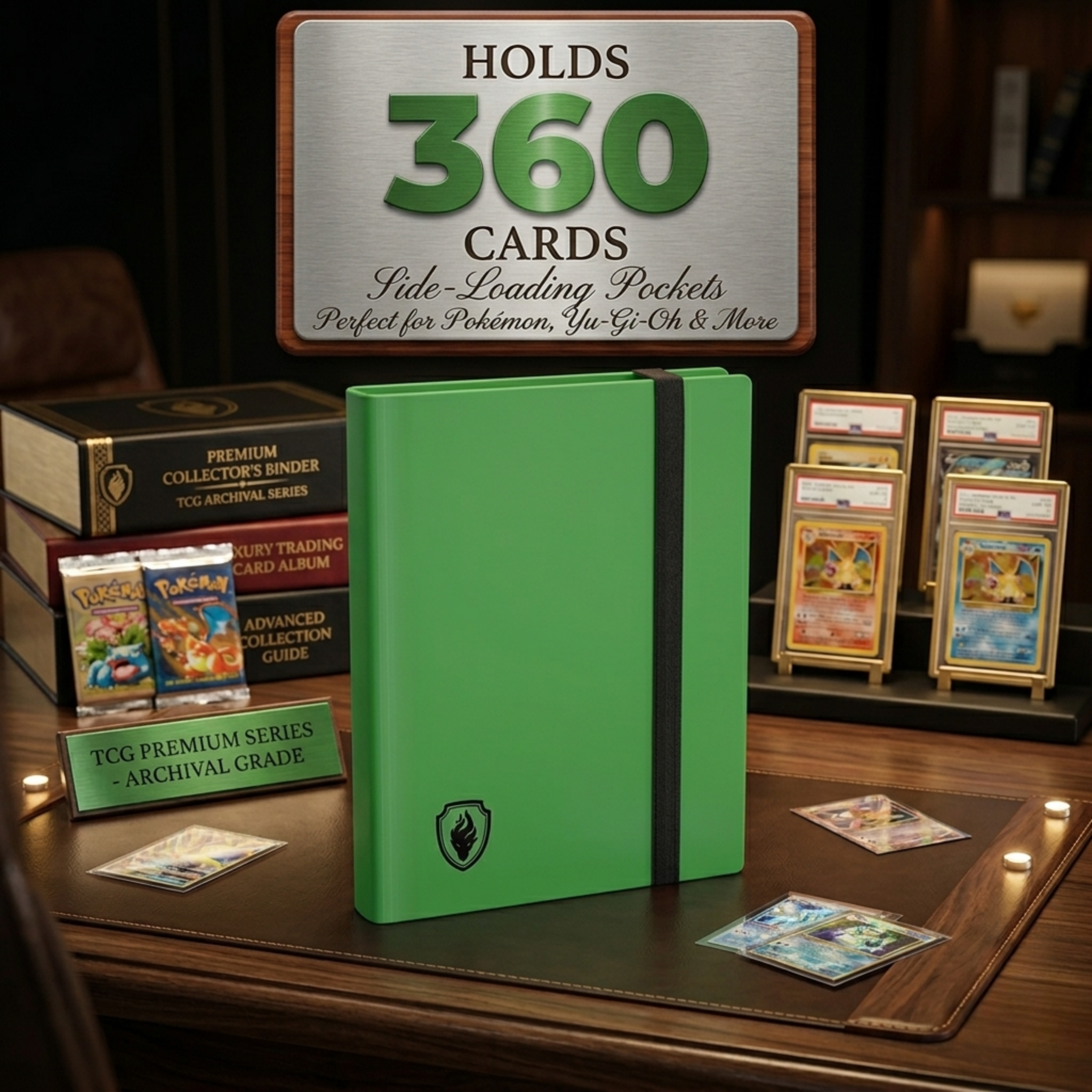 Premium Trading Card Binder - 360 Side-Loading Pocket Album for TCG, 9-Pocket Trading Card Folder with Secure Elastic Strap, Protective Card Holder for Pokémon, Yu-Gi-Oh, Sports Cards