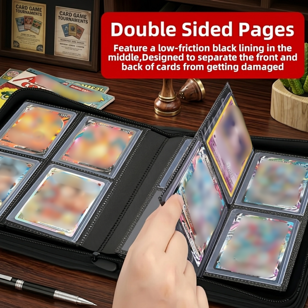 4-Pocket Toploader Binder for Trading Cards – Premium PU Leather Top Loader Album with Zipper, Holds 160 Cards in 3x4" Rigid Sleeves – Waterproof Card Folder for Pokémon, MTG, Sports Cards