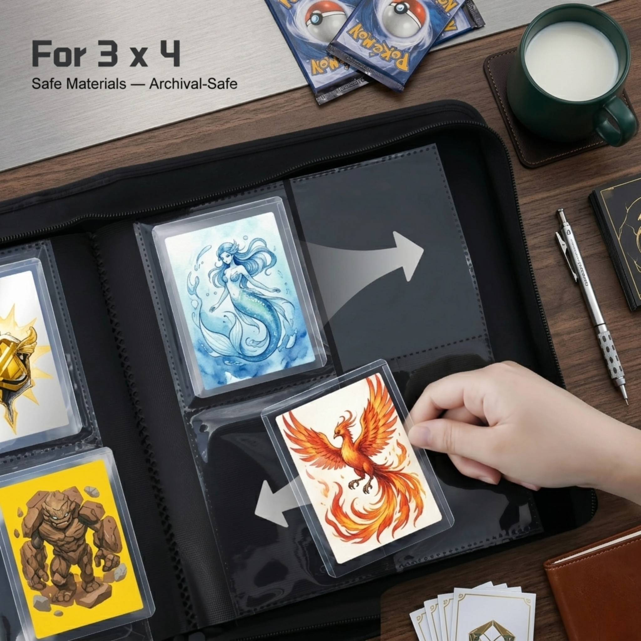 4-Pocket Toploader Binder for Trading Cards – Premium PU Leather Top Loader Album with Zipper, Holds 160 Cards in 3x4" Rigid Sleeves – Waterproof Card Folder for Pokémon, MTG, Sports Cards