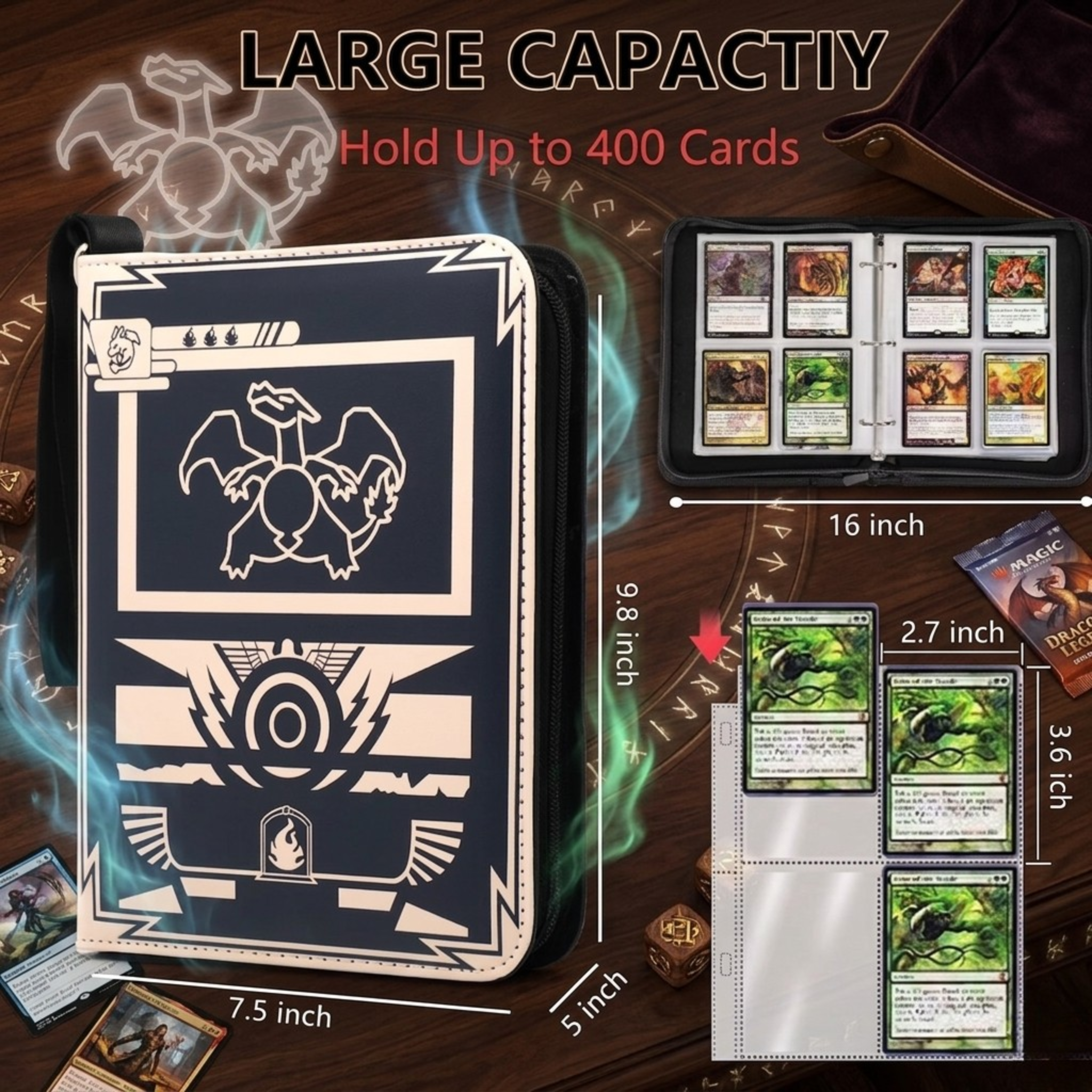 Premium 400-Pocket Trading Card Binder with Zipper - Professional TCG Card Collector Album, Side-Loading Sleeves for Pokémon, Yu-Gi-Oh! & Sports Cards – Durable & Secure Gift