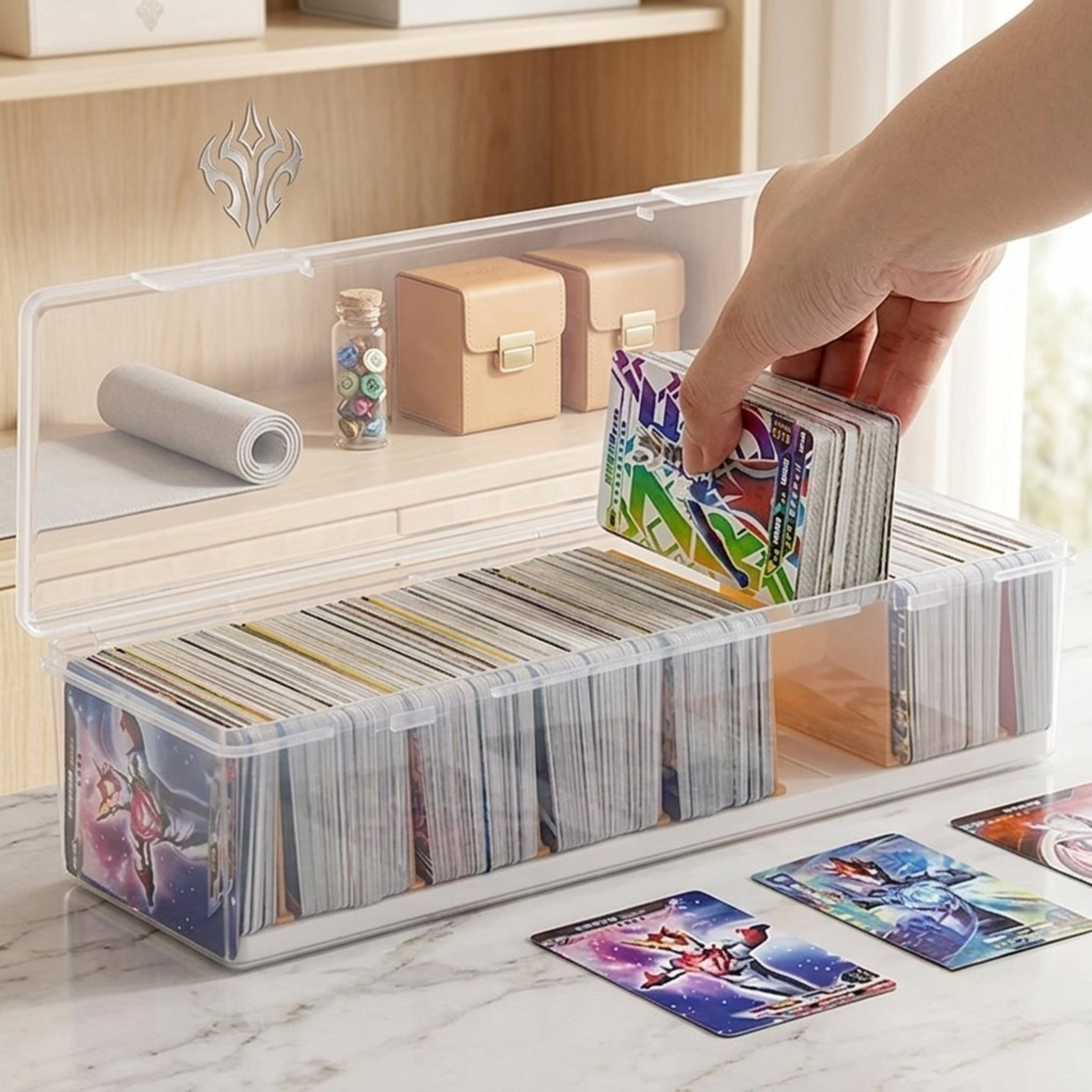 Premium TCG Storage Box: Clear Plastic Organizer Holds 550+ Game Cards with Adjustable Divider