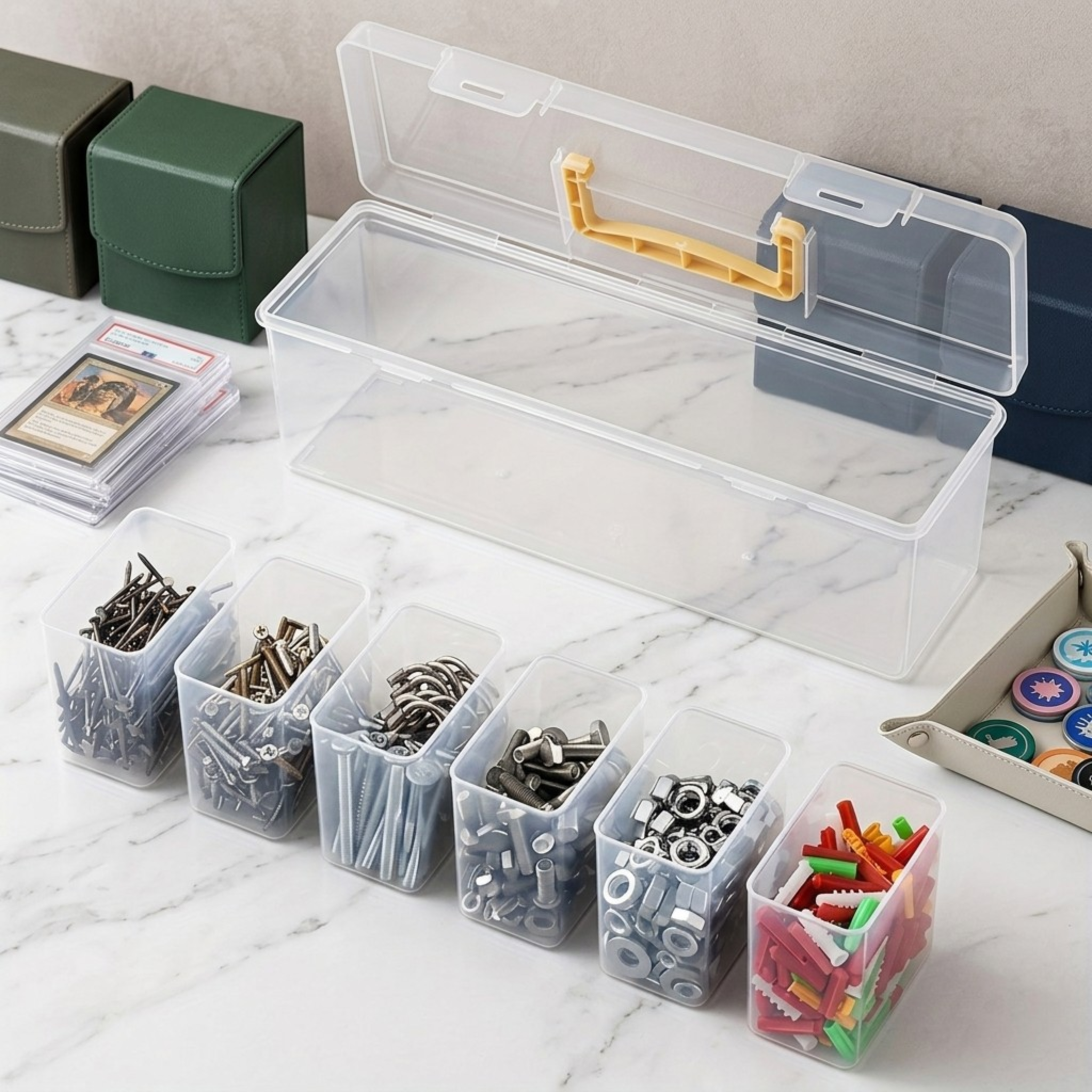 Premium TCG Storage Box: Clear Plastic Organizer Holds 550+ Game Cards with Adjustable Divider