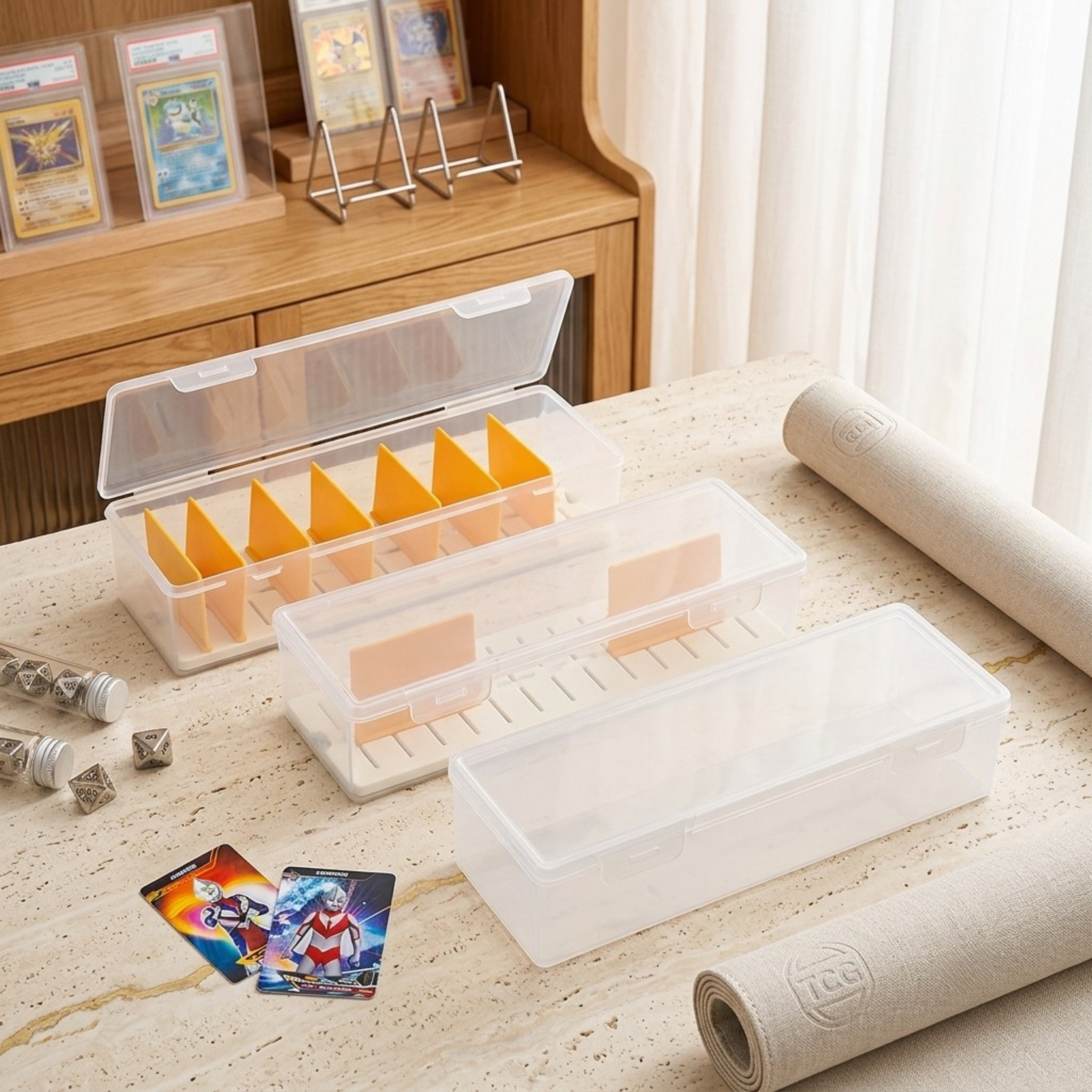 Premium TCG Storage Box: Clear Plastic Organizer Holds 550+ Game Cards with Adjustable Divider
